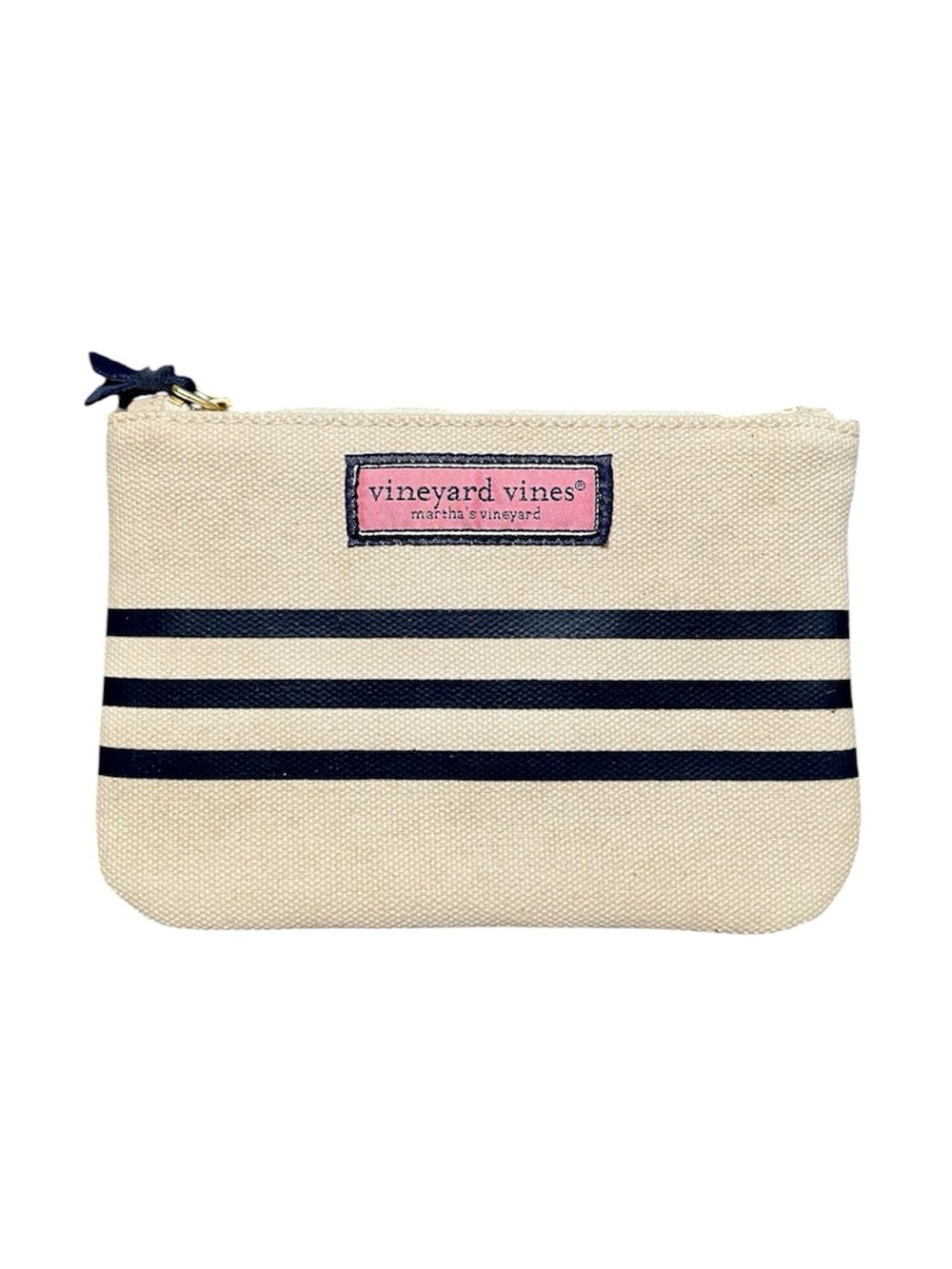 Vineyard Vines Cream Canvas Pouch with Navy Stripes and Pink Patch Logo